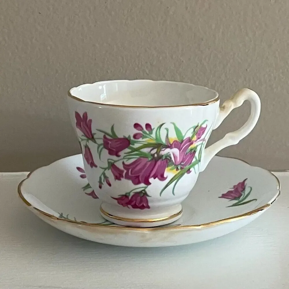 VTG Regency China, England Teacup & Saucer, Purple Floral Print, Gold Trim